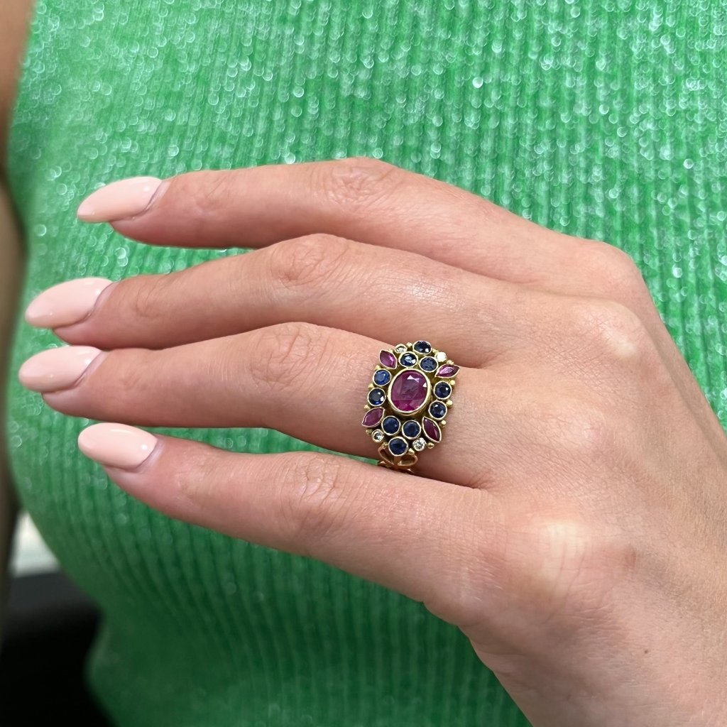 Ruby Blue Sapphire Diamond Cocktail Ring 14k Yellow Gold Size 7 3429$